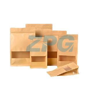 Kraft Paper Flat Block Bottom Stand Up Pouches With Window